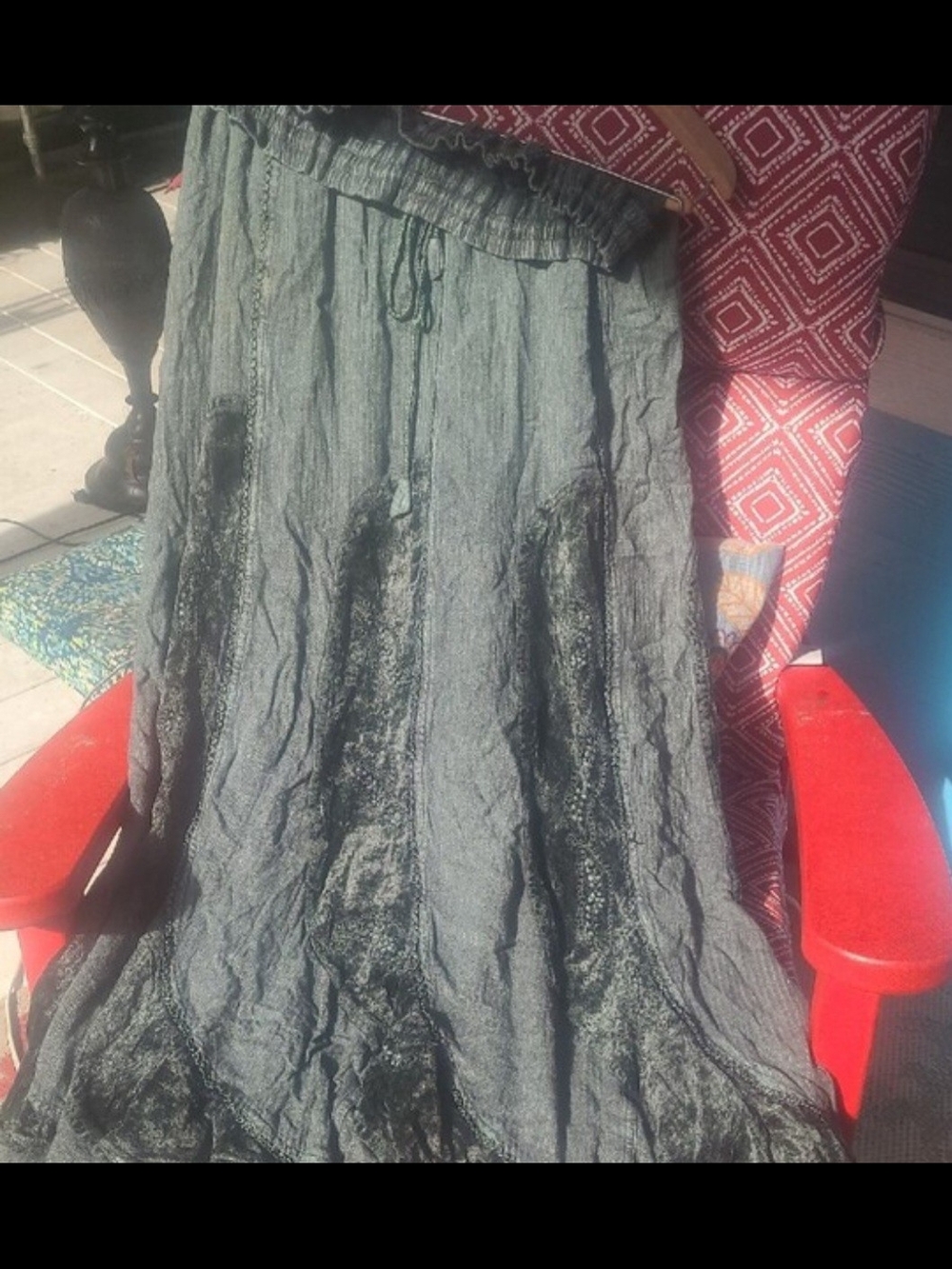 Women’s Textured Gray/Green Maxi Skirt with Drawstring Waist